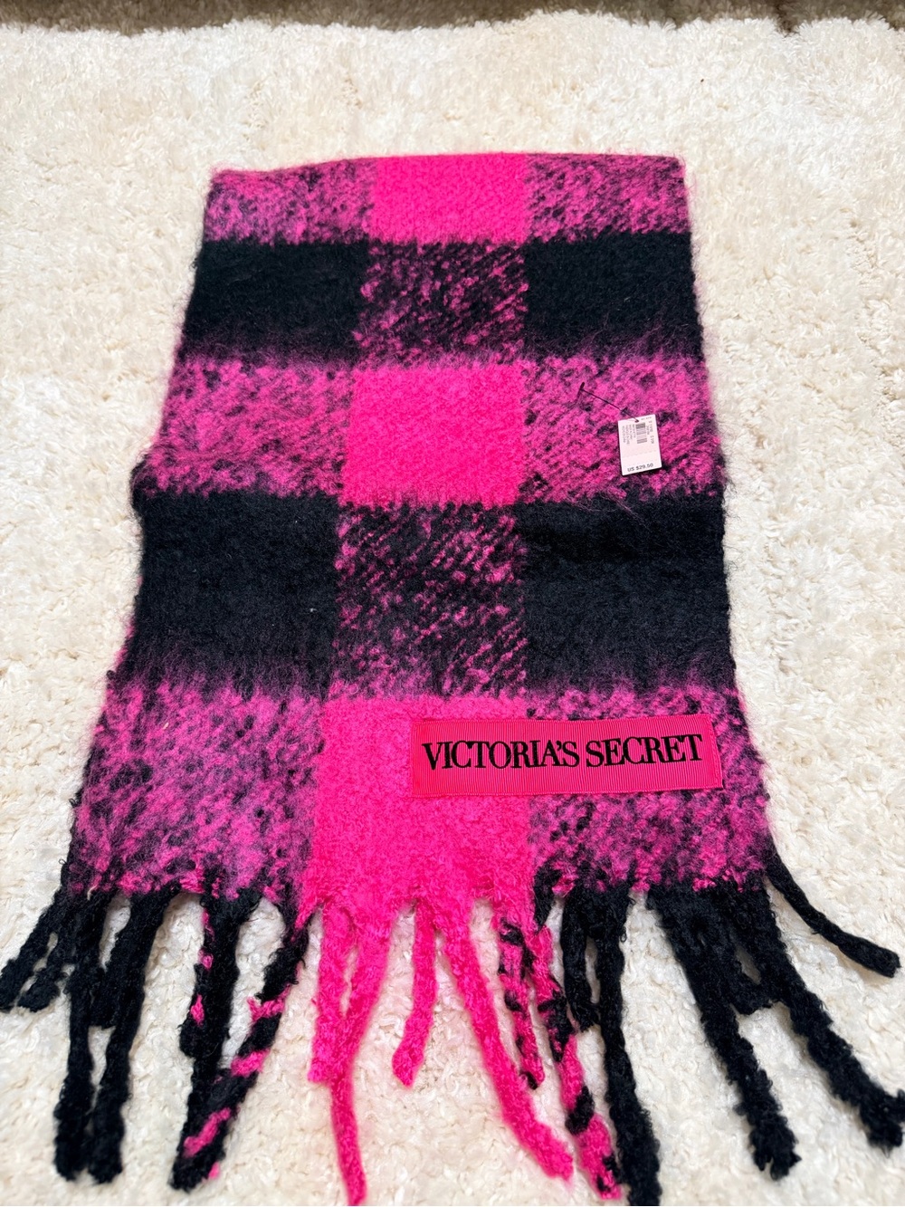 Victoria's Secret Hot Pink & Black Plaid Fringe Scarf